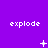 Purple background with repeated 'explode' text and changing white pixel symbols below each text.
