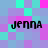 Pixelated text 'JENNA' repeated four times on a of cyan, purple, and pink squares