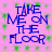 A static image with a pink background and green square pattern, displaying the text "TAKE ME ON THE FLOOR" in blue pixelated letters arranged in four identical quadrants.