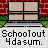 Animated pixel art sequence showing a school-themed scene with changing character groups and text overlays.