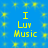 Blue background with yellow pixelated text reading "I Luv Music" arranged in four identical vertical , each containing three stacked lines of text