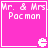 Four identical pink square with white text "Mr. & Mrs. Pacman" and a small pixelated Pac-Man icon in the bottom-right corner of each