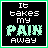 Six identical pixel-art frames arranged in a 3x2 contact sheet showing text "It takes my PAIN away" with green
