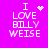 Four identical pixelated text on bright magenta background with varying animated symbols above 'I' in 'I LOVE BILLY WEISE'