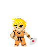 Pixelated character in orange martial arts uniform with black belt, holding white fan with red dot; multiple poses show varied expressions and arm positions.