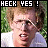 nine identical pixelated images showing a person with light brown hair and glasses in a white shirt against green grass, each topped with 'HECK YES!' text where the letter E alternates between black and red