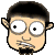 Six pixelated cartoon faces with black hair, glasses, and goatees arranged in two on a gray background showing varying eye positions