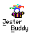Pixelated icon of a jester with colorful hat and striped outfit, labeled 'Jester Buddy' in blocky text below.