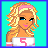 Animated contact sheet of a pixel art character with blonde hair and pink accessories, showing sequential frames of body parts and text phrases on cyan backgrounds.