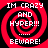 Four identical pixelated spiral icons with red and black rings, white text reading "IM CRAZY AND HYPER!!! ..... BEWARE!")