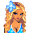 Pixel art of a woman in a blue dress with white stars, standing with one hand on her hip and the other holding a blue flower, next to a blue with text
