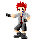 Pixel art character with red spiky hair, gray shirt, black shorts, and blue tie holding a flame that changes size across frames.