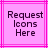 Two identical static images side-by-side on a pink background with bright magenta lines, each displaying pixelated text reading "Request Icons Here" in dark purple