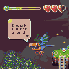 Pixel art scene with a bird-like creature, speech bubble reading 'I wish I were a bird.', three red hearts, and a green-yellow progress bar on dark background.
