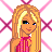 Pixel art contact sheet showing multiple frames of a blonde female character with blue eyes, pink top, brown skirt, and red sandals against a pink diamond-patterned background.