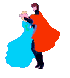 pixelated cartoon figures dancing, with a man in black clothing and red cape holding a woman in blue dress against gray background