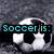 A static image with five soccer balls on a textured gray background, featuring cyan and pink text overlays.