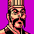 Pixel art portrait of a character with striped headwear, dark facial hair, and pinkish skin tones against a solid purple background.