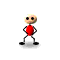 Pixelated cartoon character with beige head and red torso in multiple walking poses against white background.