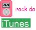 Pixelated static icon featuring a pink MP3 player, "rock da" text in red pixel font, and an iTunes logo on green background.