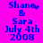 Blue pixelated text on bright pink background shows 'Shane & Sara July 4th 2008' with animated dot trails from the name 'Shane'.