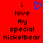 Red background with black pixelated text reading 'i love my special nickelbear' and a blue pixelated heart symbol above the 'i' on the left side.