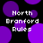 Pixelated text 'North Branford Rules' appears over a black background with purple circular shapes, some of which shift position across frames.