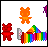 Pixel art contact sheet showing multiple frames of an animated icon featuring rainbow-colored gummy bears and a character with purple hair, including text reading "gummi bears" in pixelated letters.