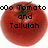 A tomato-shaped icon with pixelated text overlays in four distinct sections, each displaying different phrases.