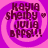 Four identical circular icons with pink and purple spiral backgrounds display dark purple text reading 'KAYIA shelby ♡ JUJIA BPPS!!!' in a pixelated font.