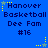 Blue background with dark blue text reading 'Hanover Basketball Dee Fam #16' and yellow star animations in four corners.