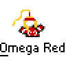 Animated contact sheet showing 16 frames of a pixel art character with yellow hair, red outfit, and white smoke trails against gray background.
