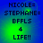 Blue background with green glow effect, displaying text lines 'NICOLE=', 'STEPHANE=', 'BFFLS', '4', 'LIFE!!' in dark blue pixelated font.