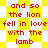 Red text on yellow and white pixelated background displays repeated phrase "and so the lion fell in love with the lamb"