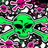 Green skull with black eye sockets and nasal cavity, crossed green bones, pink and black pixelated background.