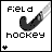 Pixelated black-and-white icon featuring a field hockey stick with motion blur, text reading "FIELD" and "HOCKEY", and a small hashtag symbol in the corner.