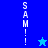 Vertical text "SAM!" in white pixelated font on blue backgrounds with a star symbol changing color between light and dark blue.