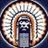A static digital image with an orange background divided into four quadrants containing pixelated text and a central circular graphic of a figure in a headdress.