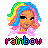 Pixelated icon of a person with rainbow-colored hair in blue, green, yellow, orange, and pink hues wearing a light pink top.