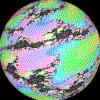 Six spherical objects with multicolored pixelated patterns arranged in two of three on a black background