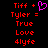 Pixelated red text on black background with a pink heart symbol, showing two identical side-by-side layouts of 'Tiff + Tyler = True Love 4lyfe'.