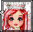 Pixelated cartoon avatar with red hair, black eyes, and pink blush; crown of white flowers with green leaves; background has pink checkered pattern.