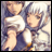 A 48x48 pixel buddy icon featuring a side-by-side anime-style character illustration on the left and text elements on the right, with visible pixelation and dithering effects.