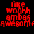 Red pixelated text on black background displays 'like woahh ambas awesome' in two identical vertical with slight horizontal offset