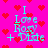 Pixelated cyan text on bright pink background with red hearts, showing 'I Love Roxy + Dide' in four repeated sections.