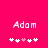 Pixelated text "Adam" above a of five heart symbols on a solid pink background, with one central heart in light pink and four white hearts