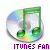 A pixelated icon featuring a green musical note inside a circular frame with blue and white gradient, below which reads 'ITUNES FAN' in multicolored block letters.