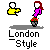 Pixel art of two figures in a bathtub with red flowers, one figure holding a rose; text below reads "London Style".