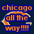 Pixelated graphic with orange text 'chicago all the way!!!!' over a blue background, featuring a large orange 'C' logo with white and blue outlines.