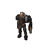 Animated sequence of a mechanical figure in dark armor with red accents performing various poses against gray background.